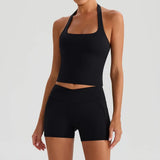 Yoga Shorts Sets Women Hanging Neck Hollow Back Sports T Shirts Sportsuit Gym High Waist Pocket Pants Fitness Workout Clothes