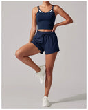 Women's New Summer Yoga Sets Color Blocked Double Strap Workout Tank Top Fitness Suit Drawstring High Waist Short Sport Set