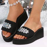 Rhinestone Decor Platform Slippers Women Summer Elastic Band Wedge Heels Sandals Woman Non Slip Lightweight Outdoor Slides 36-42