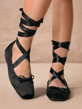 Balletcore Style Satin Lace-Up Flats for Women Black Ballerina Bow Detail Square Toe Ankle Wrap Ribbon Ballet Coquette Shoes