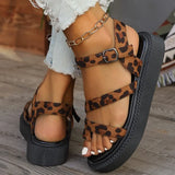 Women's Leopard Flock Platform Sandals Summer New Wedge Clip Toe Sandal Ladies Fashion 2025 Thick Bottom Non Slip Snadal Mujer