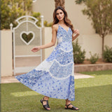 Women's Summer Floral Print Bohemian Long Dress Stylish Lace Patchwork Ruffled Trim Spaghetti Strap V Neck A-Line Dress