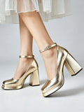 Big Size 32-46 Elegant Gold Metallic Platform High Heels Women Shoes Square Toe Ankle Strap Chunky Heel Party Wedding Pumps