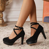 Large Size 42 Sexy Super High Heels Shoes for Women Ankle Buckle Chunky Platform Pumps Woman Black Flock Square Heel Party Shoes