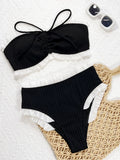 DEKA Black Ruffles Bikini Set Strapless Bandeau Pleated Ruched High Leg Cut Women Swimwear Female Swimsuit Bather Bathing Suit