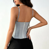 Fashion Retro Gray Splicing Tank Top Women Sexy Patchwork Slim Fit Fishbone Corset Elegant Bustier Hot Girl Party Club Tops Vest
