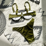 Sexy Velvet Bikini Sets Women Green 3D Flower Push Up Underwire Micro Swimsuit 2025 Summer Bathing Suit Thong Swimwear Biquini
