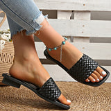 Classic Plus Size Woven Slippers for Women Summer Square Toe Low Heel Slides Sandals Woman Outdoor Pu Leather Beach Flip Flops