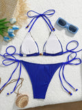 Sexy Blue Knitted Patchwork Bikini Set Women Halter Push Up Bra Bandage Thong Swimsuit Summer Bathing Suit Pool Swimwear 2026