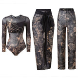 S - XXL 3PCS New Printed Long Sleeve With Pants Sarong Women Swimwear One Piece Swimsuit Female Bather Bathing Suit Swim K7180