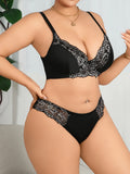 Plus Size Sexy Lace Spliced Lingerie Set, Wireless Seamless Push-up Bra for Full Bust Support