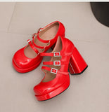 Plus Size Women Red Patent Leather Platform Mary Jane Shoes 3 Rhinestone Buckle Straps Chunky Block  Y2K Lolita Party Pumps