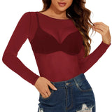 Sexy Women T Shirt See Through Transparent Mesh Tees Long Sleeve Sheer Slim Ladies Solid Round Neck Skinny T-Shirt Lace Crop Top