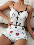 Women Pajama Set Heart Print Ribbed Sleepwear Cute Cami Top and Shorts Loungewear Summer Homewear Nightwear