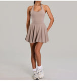 Summer Sleeveless Halter Slim Tennis Dress Women Sexy 2-in-1 Hollow Backless Golf Sports Dresses Outdoor Running Fitness Skirt