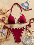 Shell Decoration Halter String Strappy Bikini Women Swimwear Female Swimsuit Two-pieces Bikini Set Ribbed Bathing Suit Swim Lady