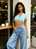 Women's Summer Cropped Tops Casual Stylish Short Sleeve Button V Neck Short T-shirt Fashion Streetwear Solid Color