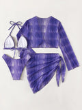 4PCS With Mesh Sheer Sarong Long Sleeve Bikini Female Swimsuit Women Swimwear Four-pieces Bikini Set Bathing Suit Swim Beachwear