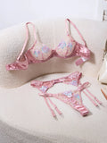 French Romantic Pink Satin Embroidered Lingerie Set Bra + Thong + Stockings Three-Piece Set