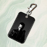 Singer M-Marilyn M-Manson Rectangle Card Case Keychain Access Card Bag Key Tag Ring Leather Card Holder Key Ring Access