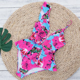 Sexy Ruffle Shoulder Swimsuit V-Neck Swimwear Women Backless Push Up Bathing Suit  Beach Wear 2024 Female Swimming Suit