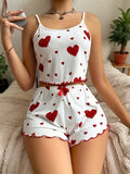 Sweet Heart Print Pajama Set for Women Cute Sleeveless Cami Top and Ruffle Shorts Soft Ribbed Knit Loungewear Adorable Pjs