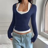 Women's Y2K Fake Two Piece Long Sleeve Cami Top, Fashion Slim Fit Sexy Streetwear T-Shirt