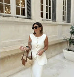 Women's Sleeveless Knit Top With Metal Buttons White Sleeveless Button Down Vest And Maxi Skirt Two Piece Set For Women S7XY