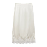Women Solid Color Satin Long Skirs Elegant Low Waist Lace Patchwork Flowy Summer Skirt for Casual