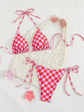 Sexy Pink Plaid Micro Bikini 2026 Women Halter Push Up Bra Tie Side Thong Swimsuit Brazilian Beach Bathing Suit Swimwear Biquini