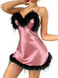 New Sexy V Neck Feather Trim Women's Nightgown Fashion Elegant Pajamas Solid Color Short Skirt for Home and Parties