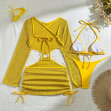 Women micro mini halter bikinis sets 3pcs with knitted long sleeve hollow out mini dress swimsuit bathing suit beach outfits