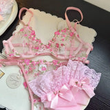French Floral Lace Bra Set Push Up Underwire Large Bust Sheer Mesh See Through Sexy Bra Embroidery Demi Cup Lingerie Set MOYISU