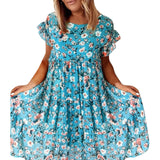 Summer Lady Ruffle Mini A Line Dress Women Casual Floral Print Dresses O Neck Elegant Short Sleeve Midi Dress Vacation Vestidos