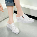 Shoes Cover Toe Low House Slippers Platform Loafers Slides Slipers Women Fretwork Heels Flat 2025 Summer PU