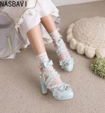 Girls Lace Strap Women 9cm High Heels Mary Jane Pumps Party Wedding Dress Princess Lolita Shoes Blue White Ankle Sandals 33-46