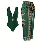 Vintage Green Deep V Neck One Piece Swimsuit 2025 Women Sexy Mesh Long Skirt Swimwear Set Beach Bathing Suit Holiday Monokini