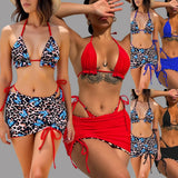 Summer Leopard Patchwork Women's 3 Pieces Suit Swimwear Sexy Halter Lace-up Micro Bikini Set+skirt Cover Up Reversible Beachwear
