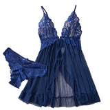 Transparent Blue Lingerie Women Underwear Sleepwear Lace Nightdress And Panties Pijamas Set Female Nighty