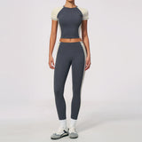 Nake Yoga Set Women's Tracksuit Color Contrast Short Sleeve Slim Sports T Shirts High Waist Leggings Fitness Clothes Gym Outfits