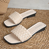 Classic Plus Size Woven Slippers for Women Summer Square Toe Low Heel Slides Sandals Woman Outdoor Pu Leather Beach Flip Flops