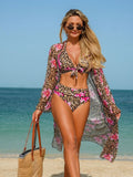 Blue Leopard Print Bikini Set Large Size Women Front Tie Push Up High Waist Swimsuit 2026 Long Sleeve Cover Up 3 Piece Swimsuit