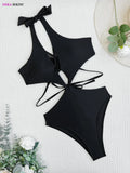 DEKA Women Mesh One-Piece Swimsuit Solid Black V-neck Swimwear Wrap Front Cutout Sexy Monokini Bathing Suits Beachwear