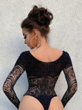 Toucheart Sexy Lingerie Long Sleeve Women's Jumpsuit Hollow Bikini One Piece Sexy Jacquard Solid Color Mesh See-through Bodysuit