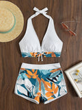 2026 Summer Women's Print Patchwork Swimsuit Sexy Deep V Neck Back Lace-up Swimwear High Waist Shorts Tankini Bathing Suit Beach