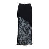 Women's Summer Satin Lace Patchwork Long Skirts Mid Waist Solid Color Fashion Elegant Asymmetric Skirts
