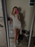 Lace up embriodery white summer dress women hollow out beach short dress puff sleeve ruffle ruched bodycon mini dress vestidos