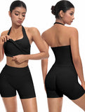 2PCS Seamless Halter Neck Yoga Set Push up Sports Bra And High Waist Butt Lift Fitness Shorts Tummy Control Fitness Wear