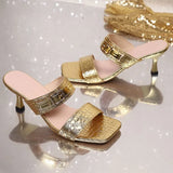 Luxury Gold Silver High Heels Slippers Women's 2025 Summer Slip on Thin Heeled Sandals Woman Plus Size 43 Square Toe Party Shoes