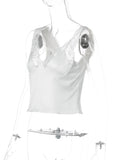 FDYOUI Women Lace Patchwork Backless Camisoles Tank Top 2026 Spring Summer Sexy V-neck Slim Crop Tops White Black Y2K Streetwear